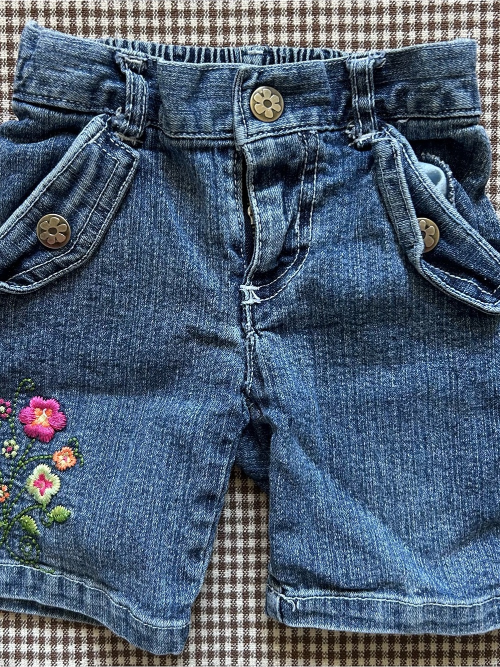 Y2K Girls Blue Denim Shorts with Floral Embroidery size 6-9 months